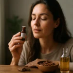 Žena cíti santalový esenciálny olej na upokojenie a relaxáciu