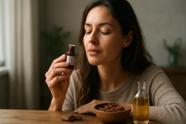 Žena cíti santalový esenciálny olej na upokojenie a relaxáciu