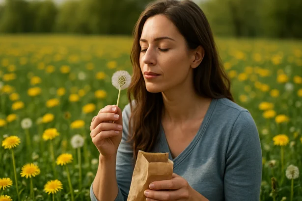 Žena v púpavovom poli skúma púpavový kvet a balíček