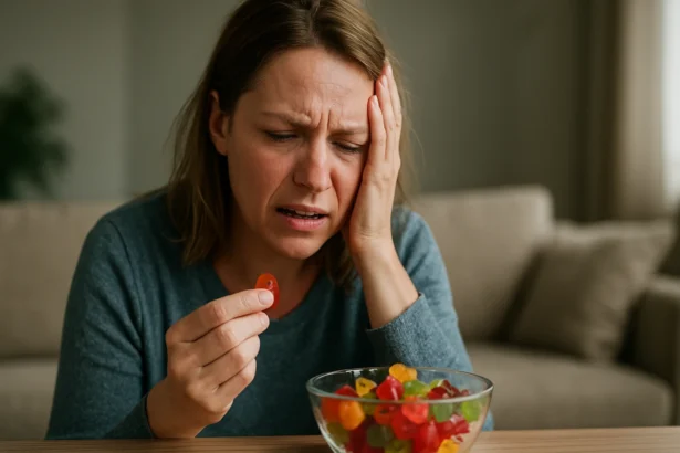 Žena so zlým pocitom drží gumový cukrík v ruke.