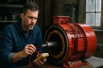 Inžinier testuje generátor elektriny s multimetrom.