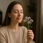 Žena s úsměvem držící květiny valeriány s uzavřenýma očima.