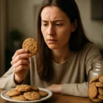 Žena sa zamýšľa nad ovsenými sušienkami na tanieri.