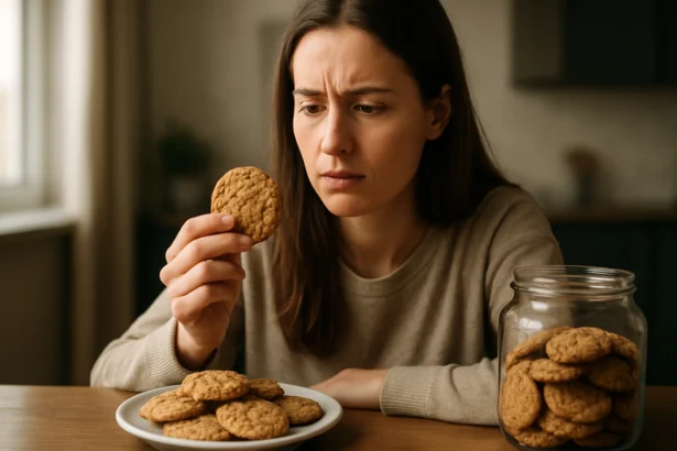 Žena sa zamýšľa nad ovsenými sušienkami na tanieri.