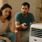 Pár v obývačke trpí horúčavami, používajú mobilnú klimatizáciu.