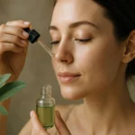 Žena aplikuje šalviový olej na pleť pre zdravú pokožku.