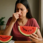 Žena sa zamýšľa nad kúskom vodného melónu, cíti sa znepokojená.