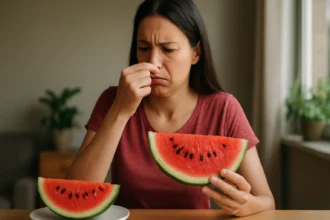 Žena sa zamýšľa nad kúskom vodného melónu, cíti sa znepokojená.