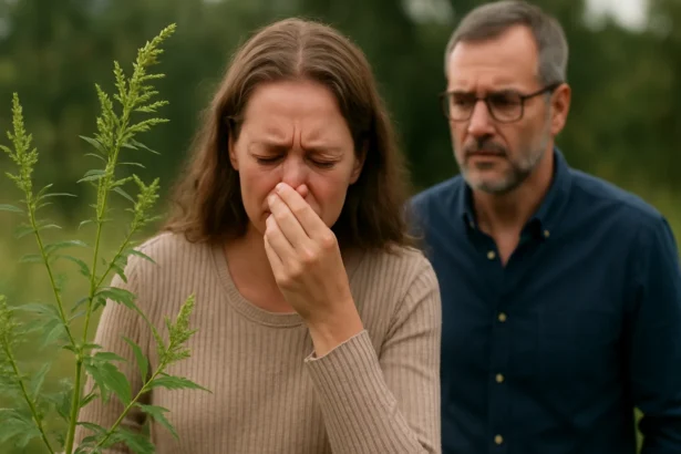 Žena trpi alergiou na ambróziu v prírode s mužom v pozadí