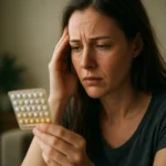 Žena prezerá antikoncepčné tabletky s obavami o účinky.