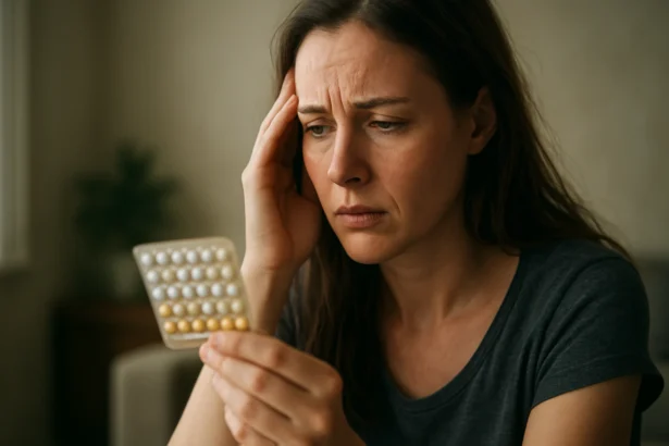 Žena prezerá antikoncepčné tabletky s obavami o účinky.