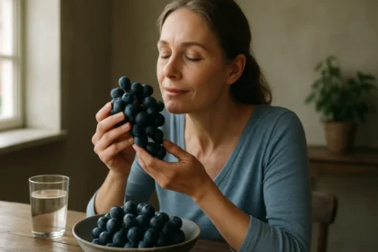 Žena si vychutnáva zdravé modré hrozno plné antioxidantov.