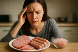 Žena uvažujúca vplyv nitritových solí v údeninách na zdravie.