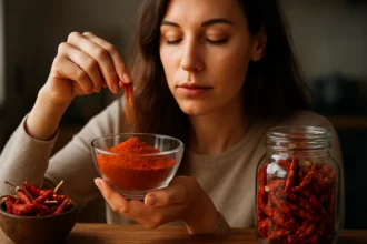 Žena pridáva kajenské korenie do misky, bohatá na benefity pre zdravie.