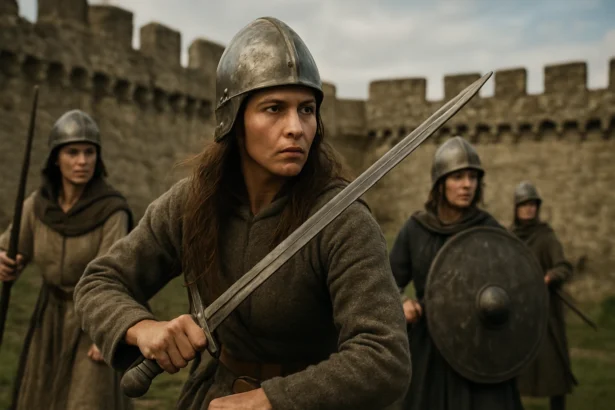 Hrdinské ženy z Egeru brániace hrad s mečmi a štítmi