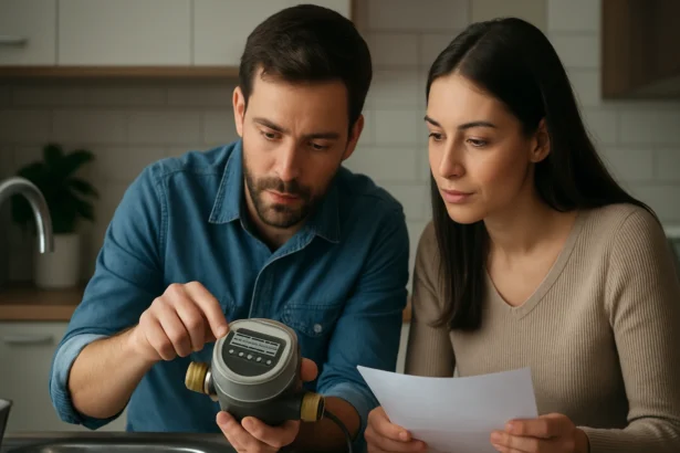 Dvojica ľudí kontroluje digitálny vodomer v modernom interiéri.