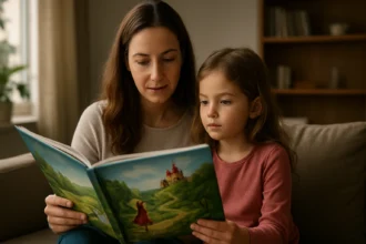 Matka a dcéra čítajú rozprávku na pohovke.