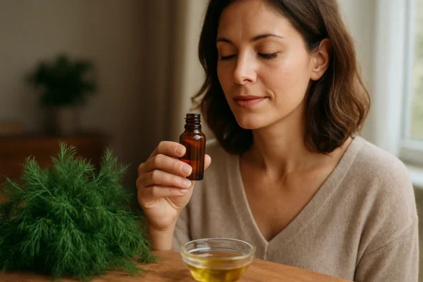 Žena zvažuje kôprový olej, ktorý podporuje zdravie a pohodu.