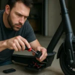 Muž opravuje elektrický skúter s nástrojom v ruke.