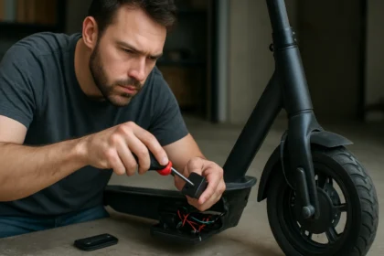 Muž opravuje elektrický skúter s nástrojom v ruke.
