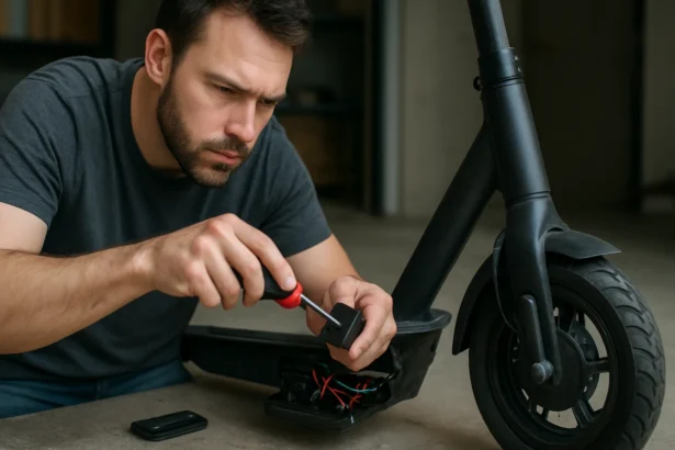 Muž opravuje elektrický skúter s nástrojom v ruke.