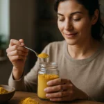 Žena s lucernovým práškom, ktorý používa na zlepšenie zdravia.