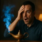 Muž s prekvapeným výrazom pred zázračne sa vznášajúcim dymom z lampy.