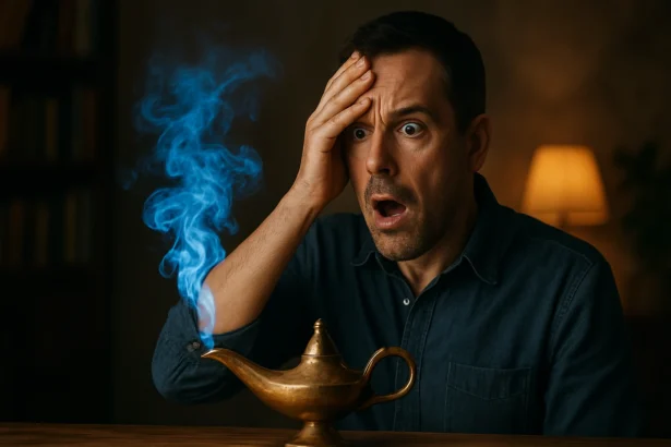Muž s prekvapeným výrazom pred zázračne sa vznášajúcim dymom z lampy.