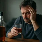 Muž s depresiou a pohárom alkoholu, symbol nadmerného pitia.