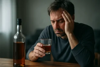 Muž s depresiou a pohárom alkoholu, symbol nadmerného pitia.