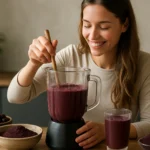 Žena mieša smoothie z acai práškom v kuchyni