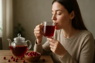 Žena vychutnávajúca čaj z brusníc, zdravý a chutný nápoj.