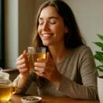 Žena vychutnávajúca si luobuma čaj na zlepšenie nálady a energie.