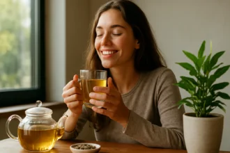 Žena vychutnávajúca si luobuma čaj na zlepšenie nálady a energie.