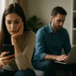 Mladá žena smutne sleduje svoj telefón, zatiaľ čo muž pracuje na laptopu.