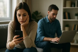 Mladá žena smutne sleduje svoj telefón, zatiaľ čo muž pracuje na laptopu.
