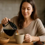 Žena nalieva obilnú kávu do šálky na drevenom stole.