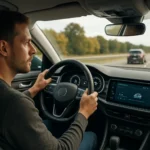 Muž za volantom skúma adaptívny tempomat v automobile.