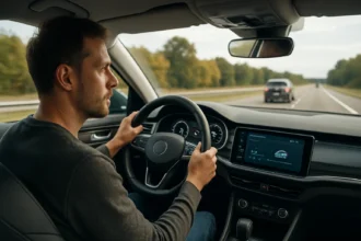 Muž za volantom skúma adaptívny tempomat v automobile.