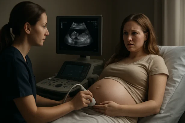 Tehotná žena na ultrazvuku s lekárkou, vyšetrenie tehotenstva.