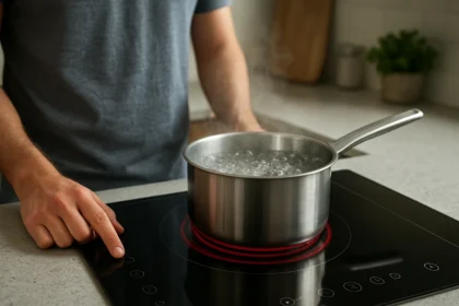 Muž varí vodu na indukčnej varnej doske.