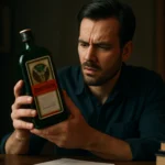 Muž skúma fľašu Jägermeistera so zaujatom výrazom.