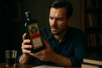 Muž skúma fľašu Jägermeistera so zaujatom výrazom.