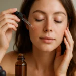 Žena nanášajúca pleťový olej s polifenolmi na tvár