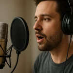 Muž spieva do mikrofónu s slúchadlami, štúdio audio nahrávania.