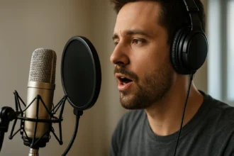 Muž spieva do mikrofónu s slúchadlami, štúdio audio nahrávania.