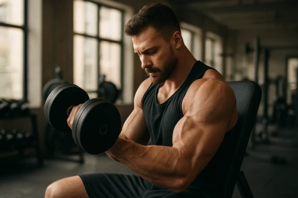 Muž cvičiaci s činkami v posilňovni na vybudovanie svalovej hmoty.