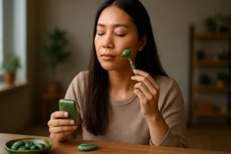 Žena s jadeitom a masážnym nástrojom na tvár pre duševnú rovnováhu