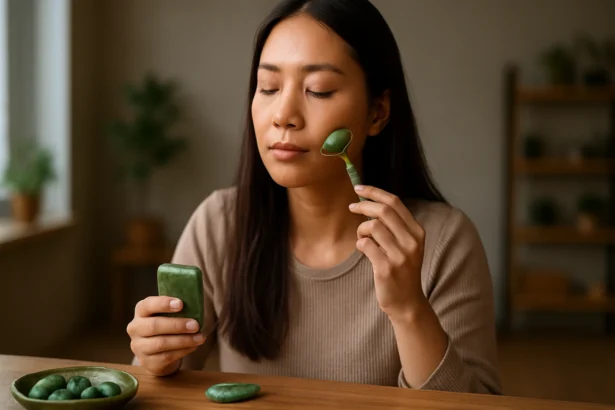 Žena s jadeitom a masážnym nástrojom na tvár pre duševnú rovnováhu