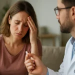 Žena trpiaca bolesťou a poradcov pri liečbe dienogestom.